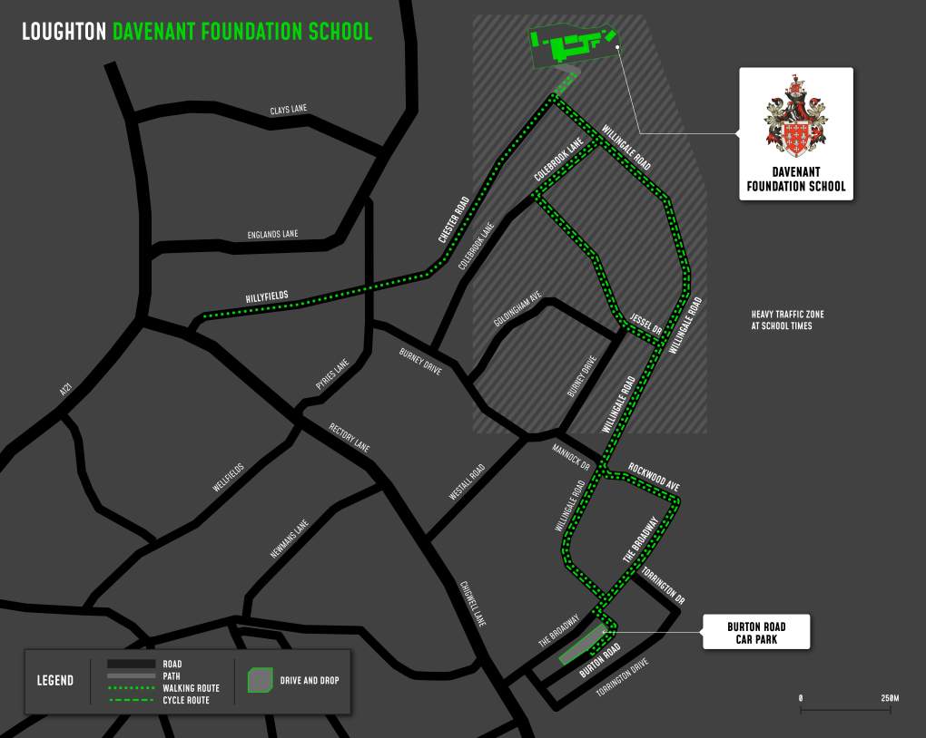 A map showing cycle and walking routes to and from Davenant Foundation School