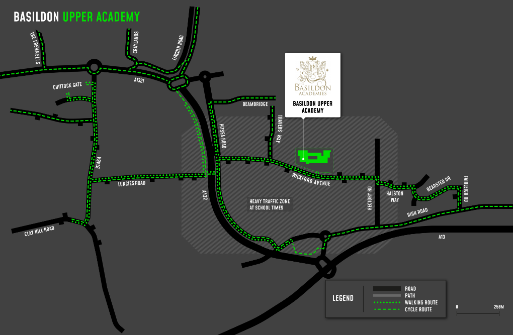 A map showing cycle and walking routes to and from Basildon Upper Academy