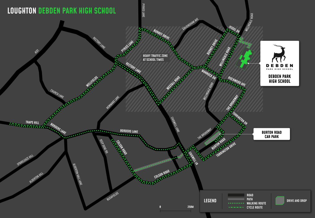 A map showing cycle and walking routes to and from Debden Park High School
