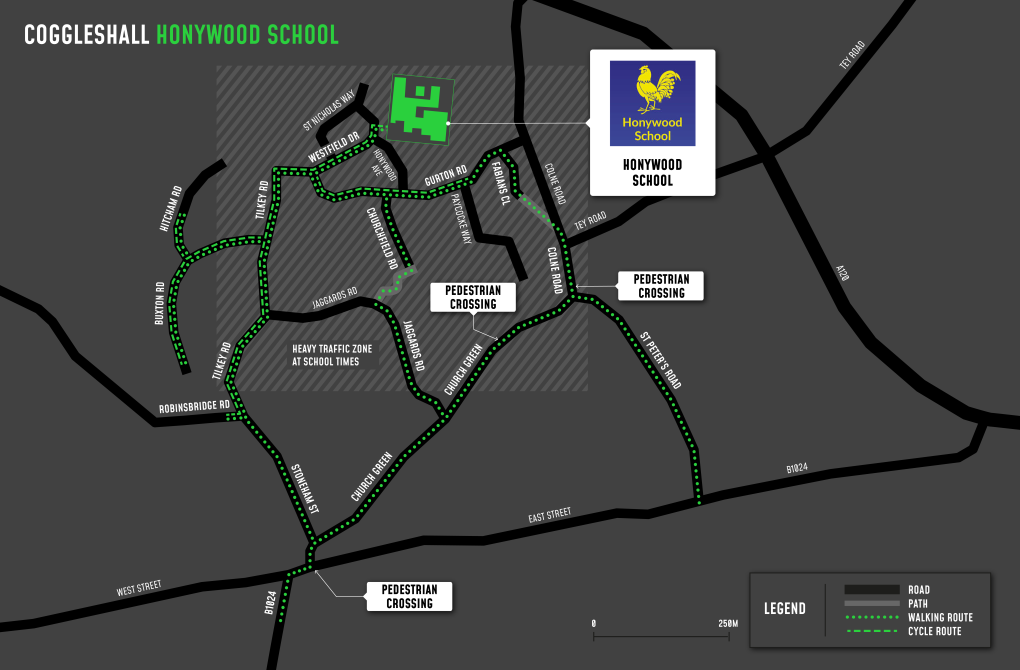 A map showing cycle and walking routes to and from Honywood School