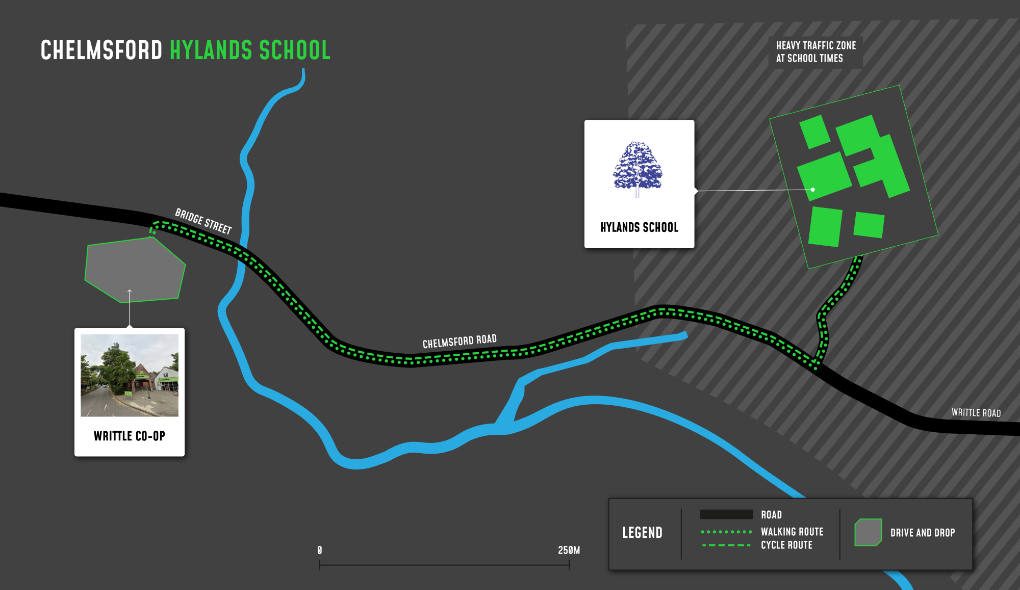 A map showing cycle and walking routes to and from Hylands School