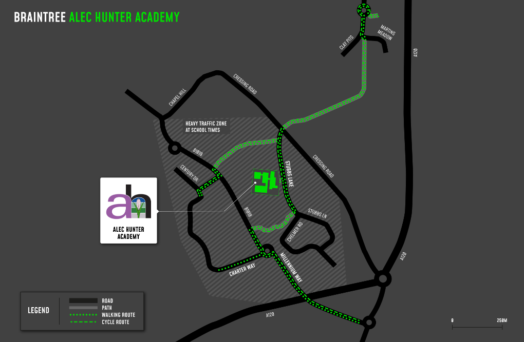 A map showing cycle and walking routes to and from Alec Hunter Academy