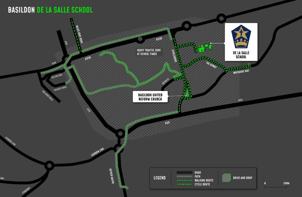 A map showing cycle and walking routes to and from De La Salle School