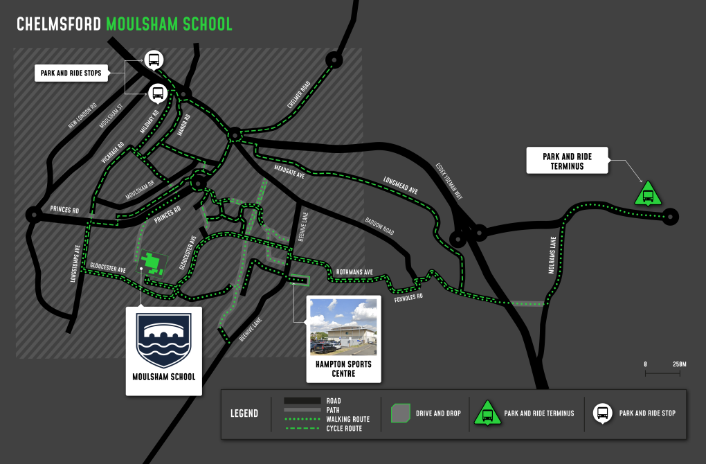 A map showing cycle and walking routes to and from Moulsham High School