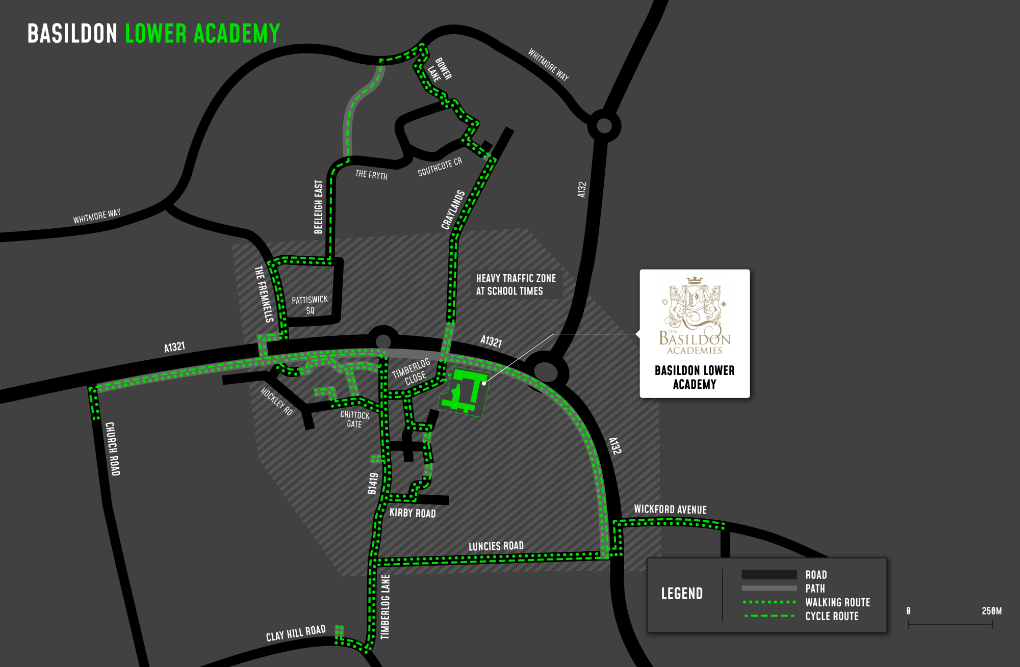 A map showing cycle and walking routes to and from Basildon Lower Academy