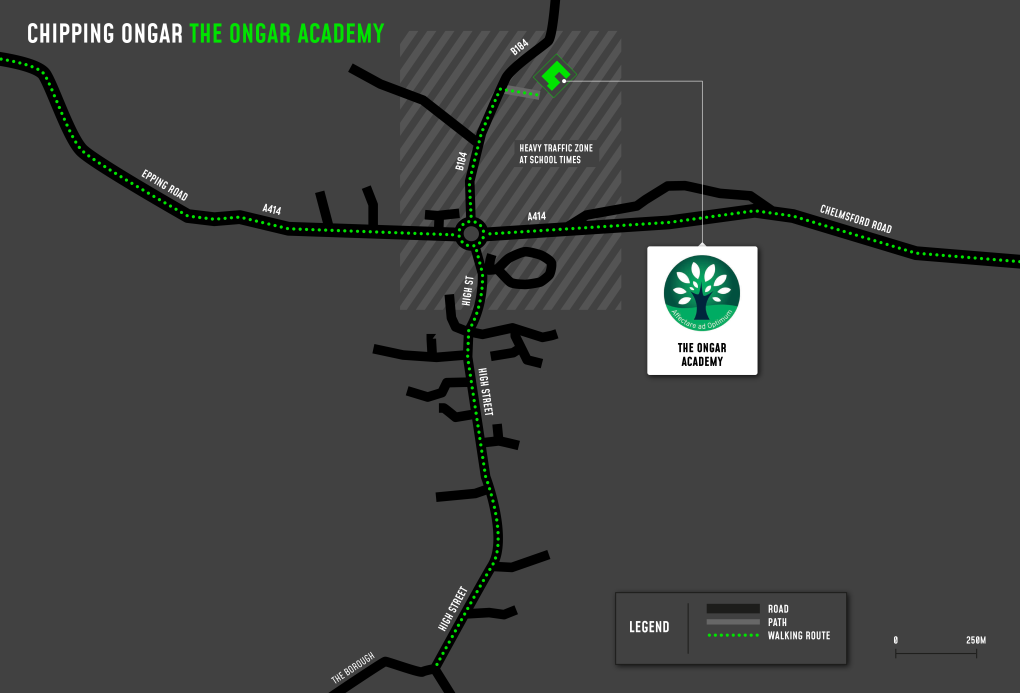 A map showing cycle and walking routes to and from The Ongar Academy