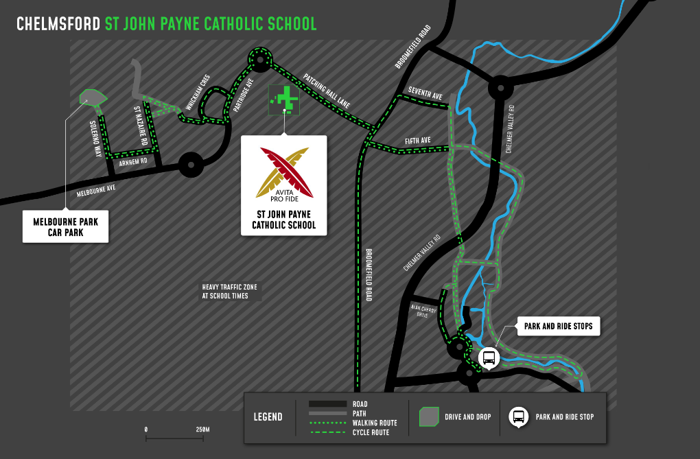 A map showing cycle and walking routes to and from St John Payne Catholic School