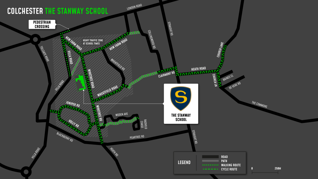 A map showing cycle and walking routes to and from The Stanway School
