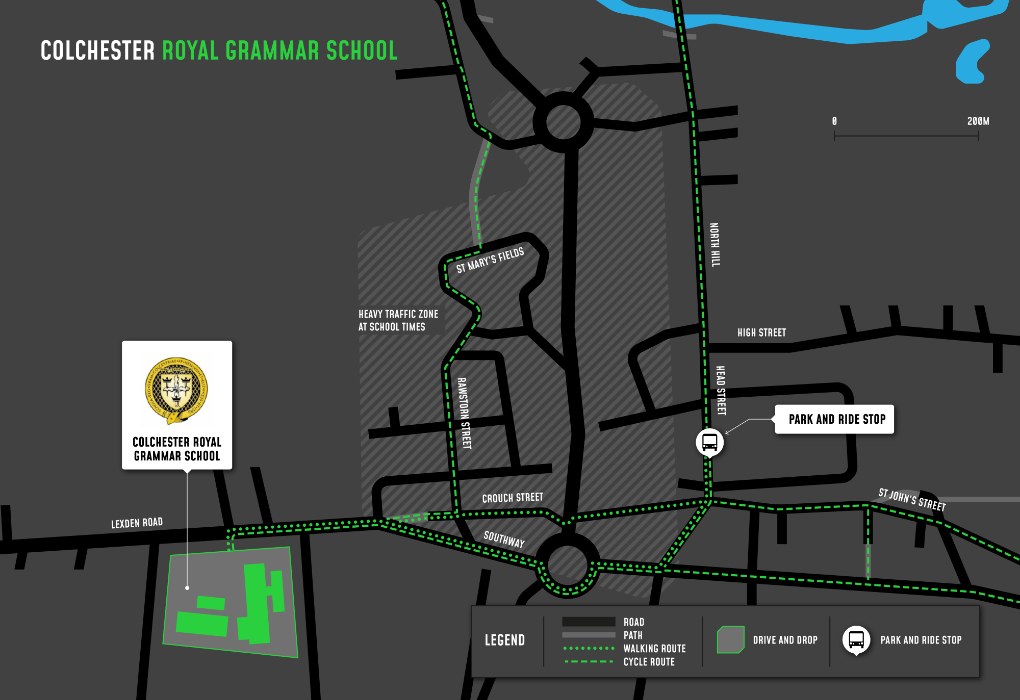 A map showing cycle and walking routes to and from Colchester Royal Grammar School