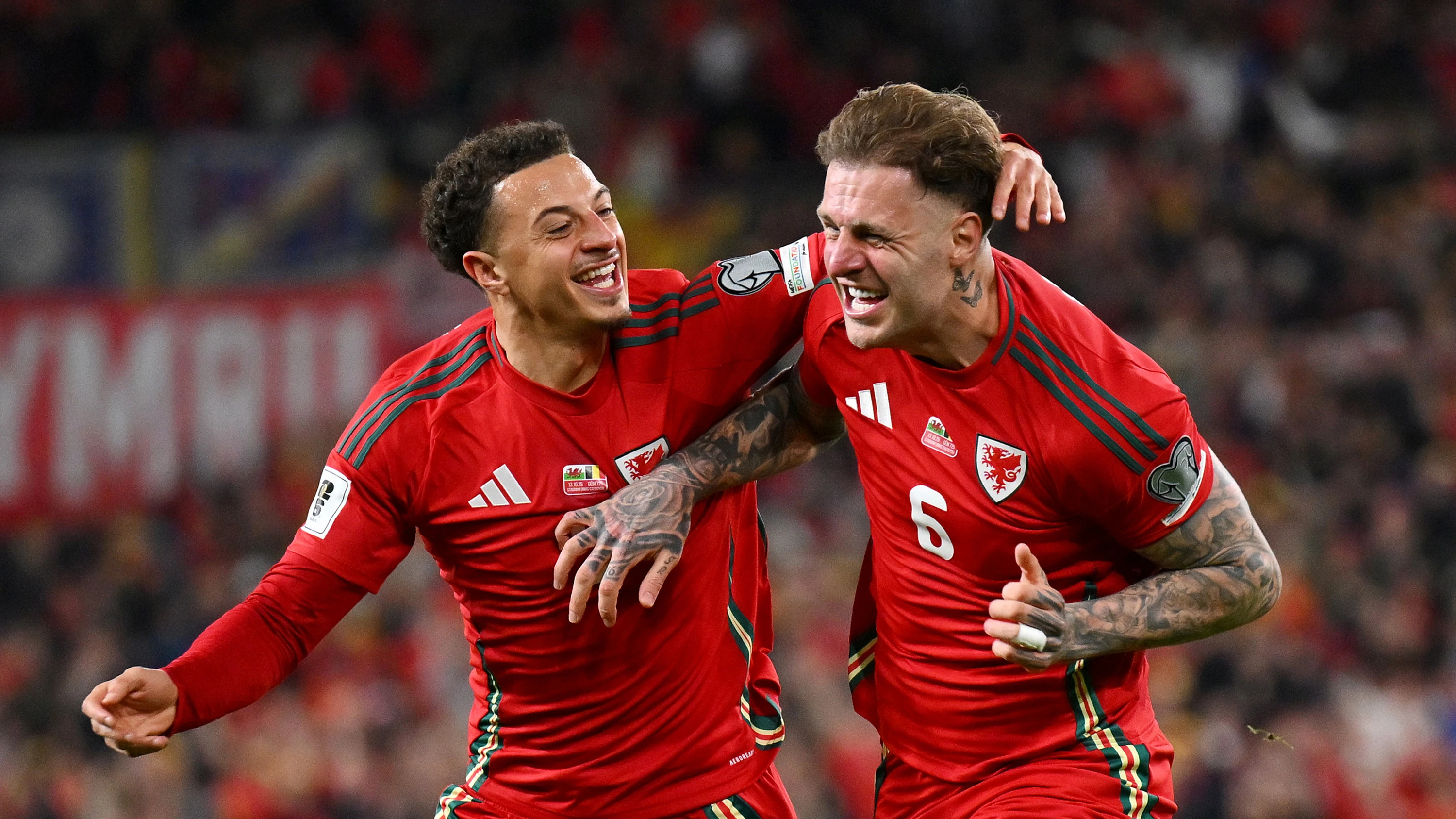 Joe Rodon Ethan Ampadu Celebrating Wales