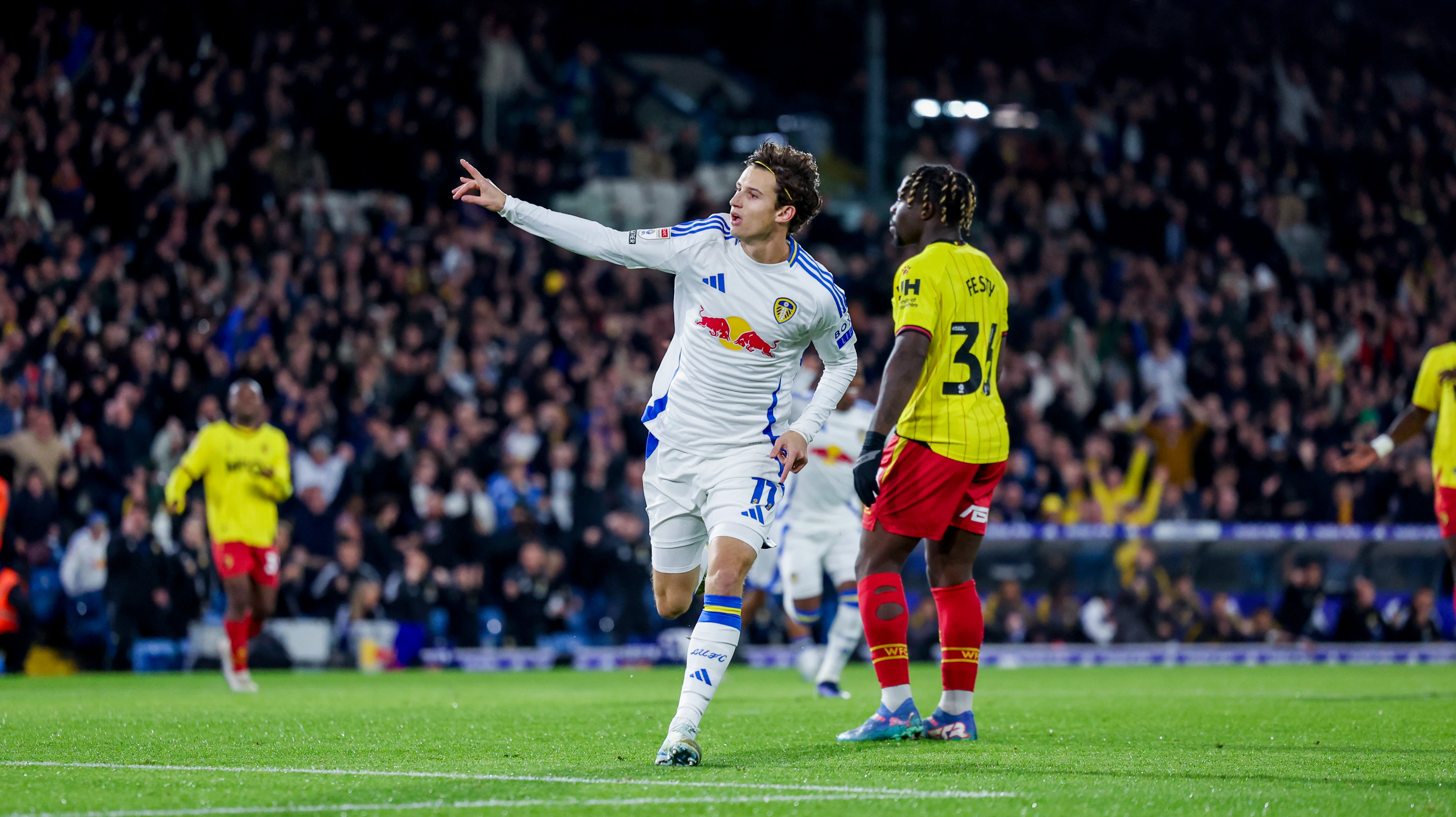 Brenden Aaronson celebrates scoring the winning goal at Elland Road in October