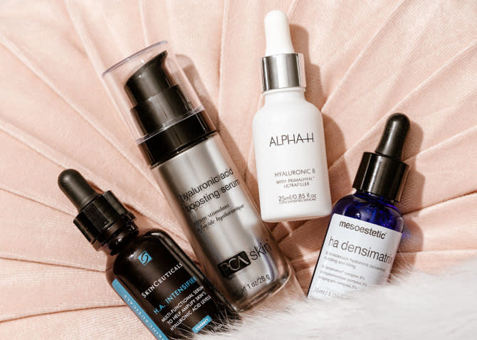 What Is Cosmeceutical Skincare? Our Expert Guide - SkinCeuticals Hyaluronic Acid Intensifier, Alpha-H Hyaluronic 8 Serum, PCA Skin Hyaluronic Acid Boosting Serum, mesoestetic HA densimatrix - 670 x 478