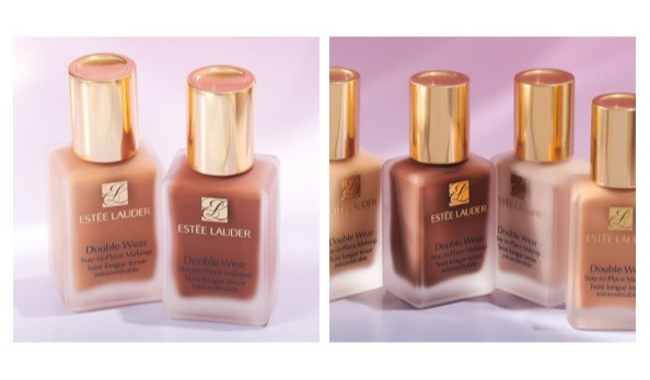 Estée Lauder Double Wear Stay In Place Makeup - multiple foundation bottles in various shades against a soft pink background -  594 x 348