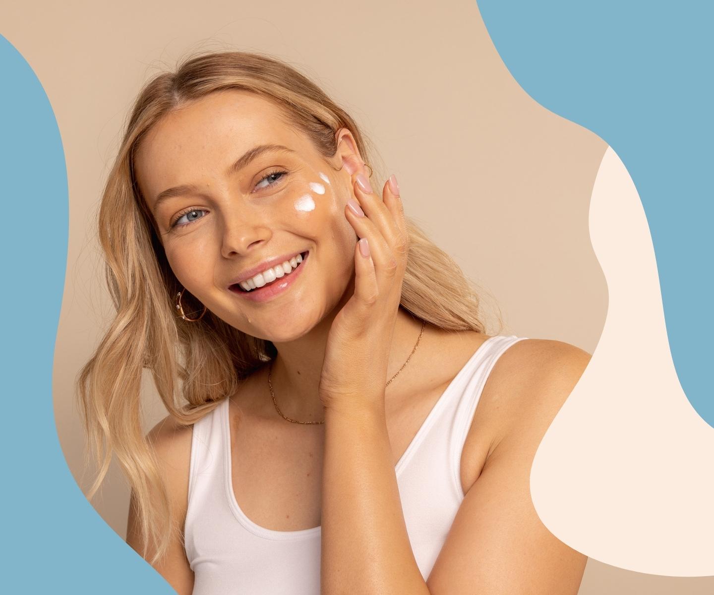The Ultimate Guide to Your Best Summer Skin and Summer Makeup - model applying cream on her cheek