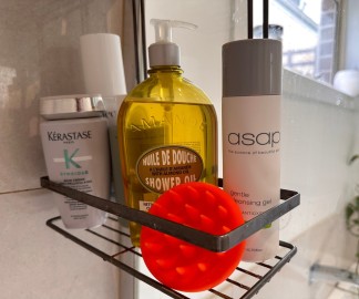 L'Ocitanne shower oil, asap gentle cleansing gel, STRAAND scalp brush hero