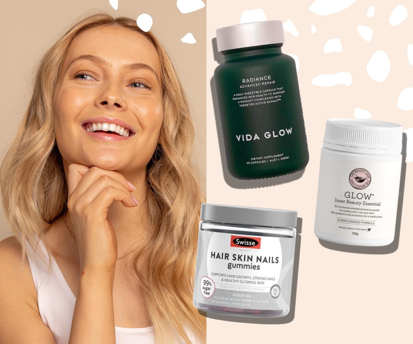Supplements for Skin-Vida Glow Radiance Advanced Repair 30 Capsules, The Beauty Chef Glow Inner Beauty Essential, Swisse Beauty Hair Skin Nails Gummies
