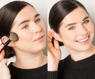 Youngblood Mineral Makeup - split image of model applying makeup with a brush