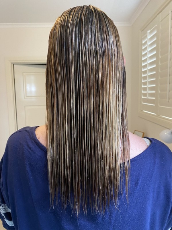 Tash W- ELEVEN Hair Care Routine-ELEVEN Miracle Treatment-the back of tash's head, her long dark blonde hair is damp - 600 x 800