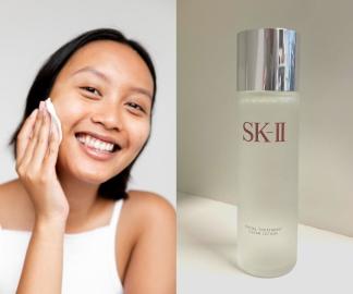 Our Top Picks from the SK-II Facial Treatment Collection - split image with woman using cotton pad on the left and on the right is SK-II Facial Treatment Clear Lotion