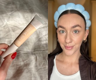 Huda Beauty GloWish concealer application before/after Jas in-article