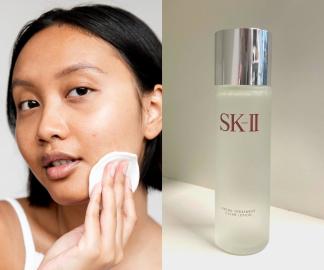 4 Steps to Achieve Glowing Skin with SK-II - split image with model using cotton pad on the left and on the right is SK-II Facial Treatment Clear Lotion
