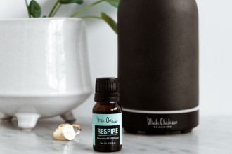 BlackChicken EssentialOil Diffuser - small bottle of essential oil sits in front of black diffuser, a white pot plant and a gold ring - 1080 x 720