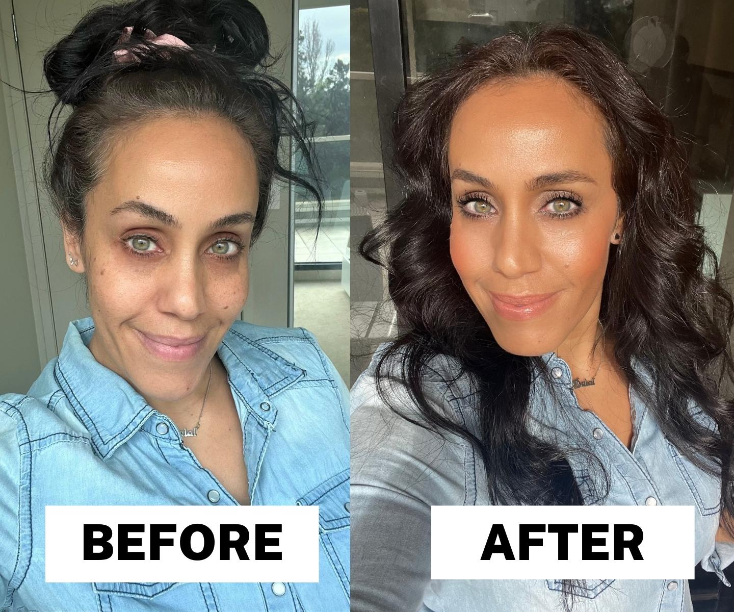 A Makeup Artist’s Go-to Dewy Makeup Routine for Mature Skin Before and After picture dalal