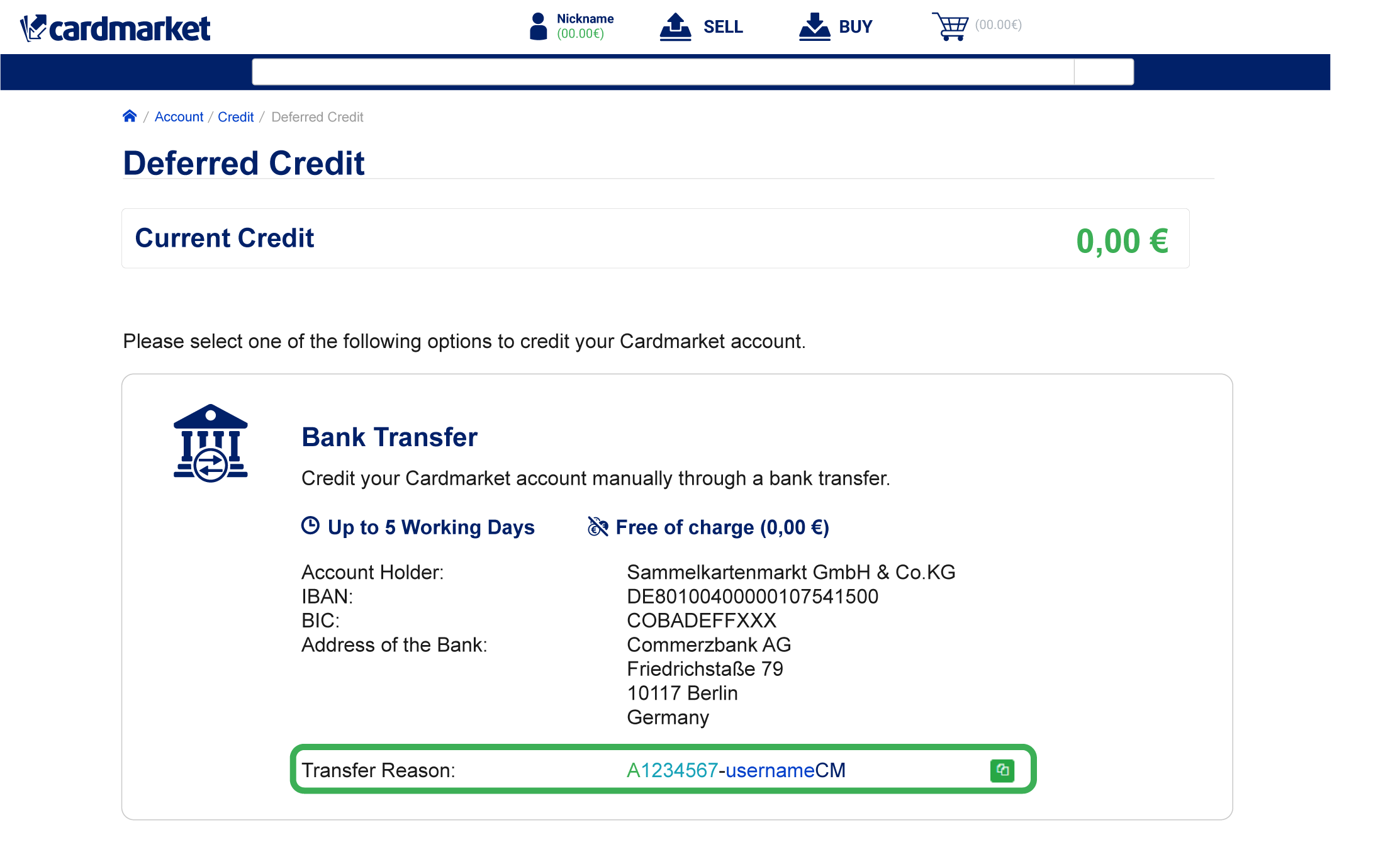 Screenshot, der die Seite „Deferred Credit“ auf Cardmarket zeigt und den Überweisungsgrund hervorhebt.