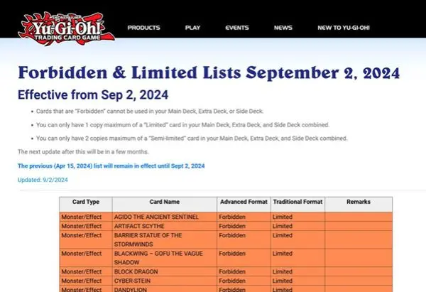 The Forbidden & Limited List is updated every couple of months, so be sure to check back often and see the changes!