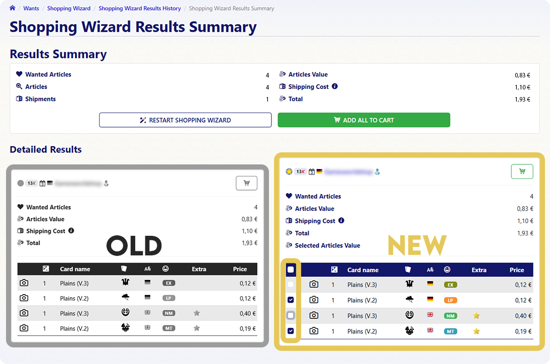 new vs old shopping wizard