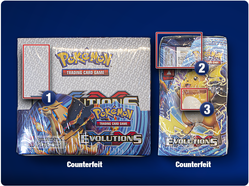 Counterfeit Box + Tin Photographie d’une boîte de boosters et d’une boîte métallique contrefaites du JCC Pokémon, montrant l’emballage et le film plastique incorrects qui permettent de les identifier comme des faux.