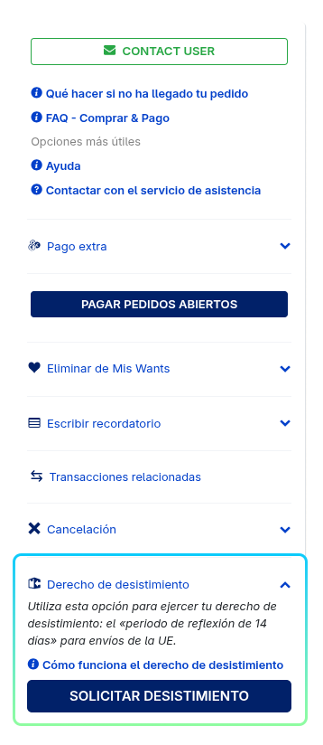 Menú de la página de envío con el botón « Derecho de desistimiento » resaltado.