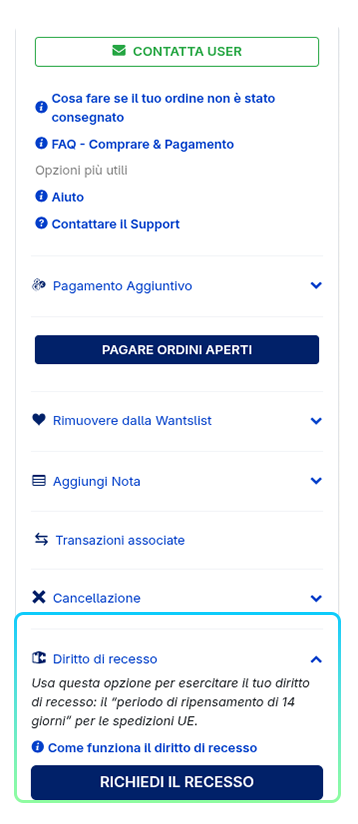 Menu della pagina di spedizione con il pulsante « Diritto di recesso » evidenziato.
