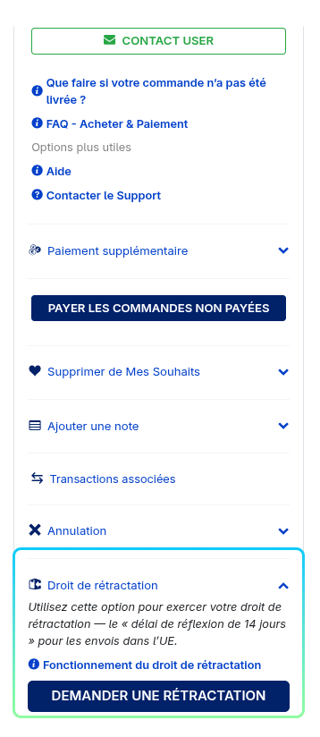 Right Of Withdrawel Button Located Menu de la page d’expédition avec le bouton « Droit de rétractation » mis en évidence.