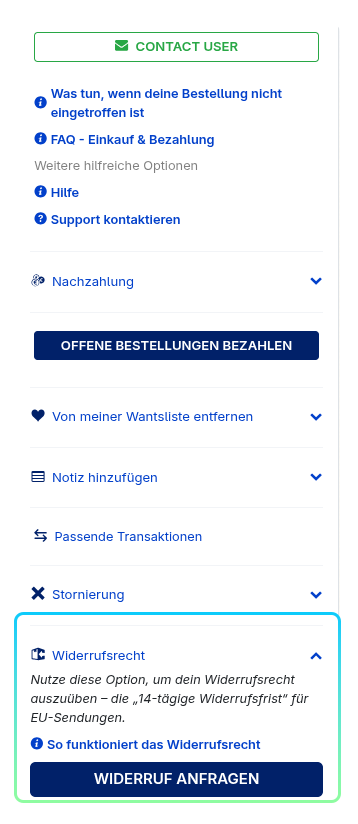 Right Of Withdrawel Button Located Menü auf der Versandseite mit hervorgehobener Schaltfläche „Widerrufsrecht“.