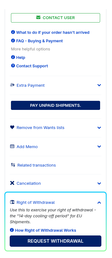 Menu on the Shipment page with the "Right of Withdrawal" button highlighted.