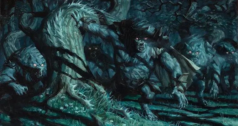 Three werewolves at night forest mtg fantasy art