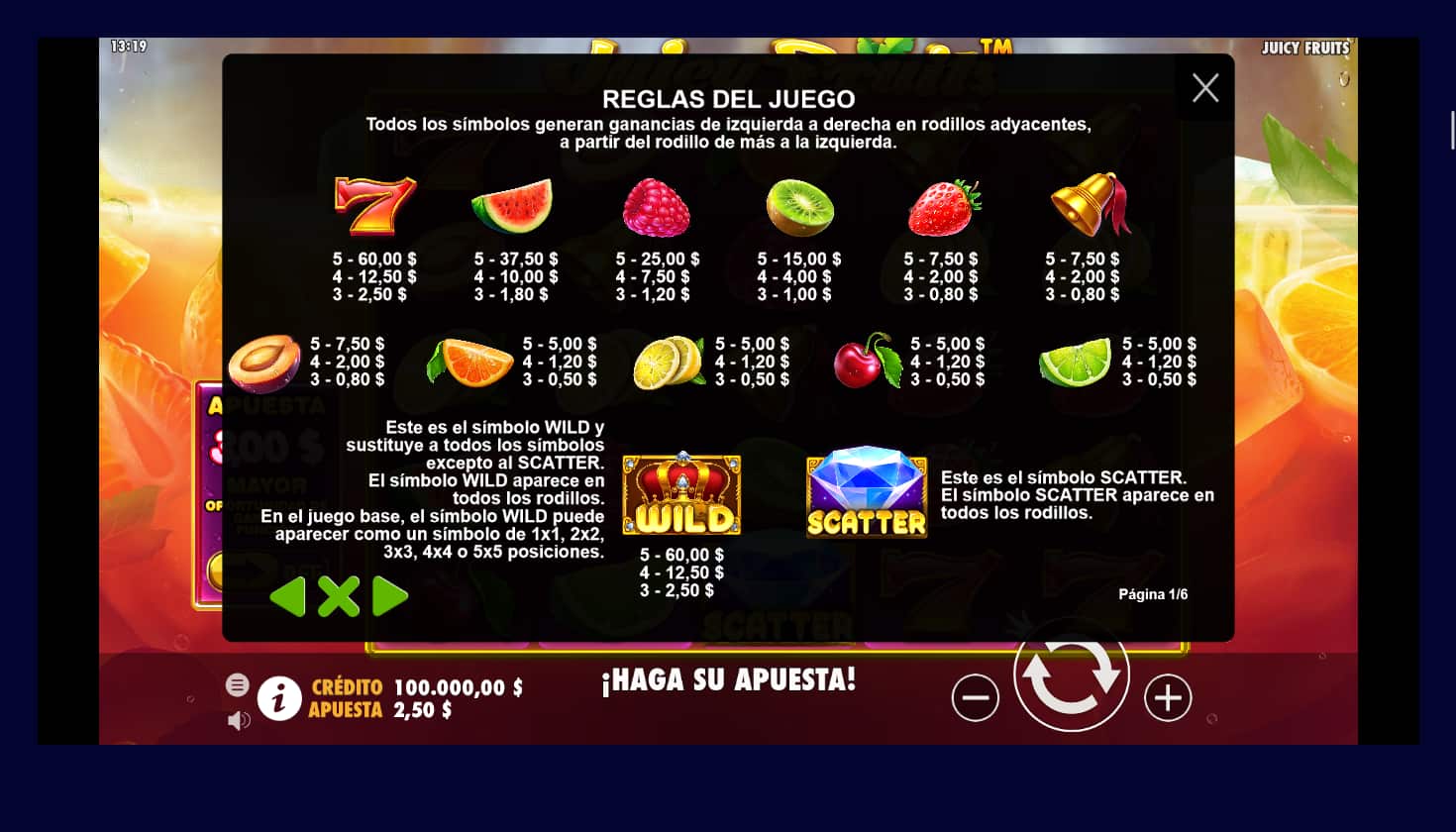 Juicy Fruits - Tabla de pagos