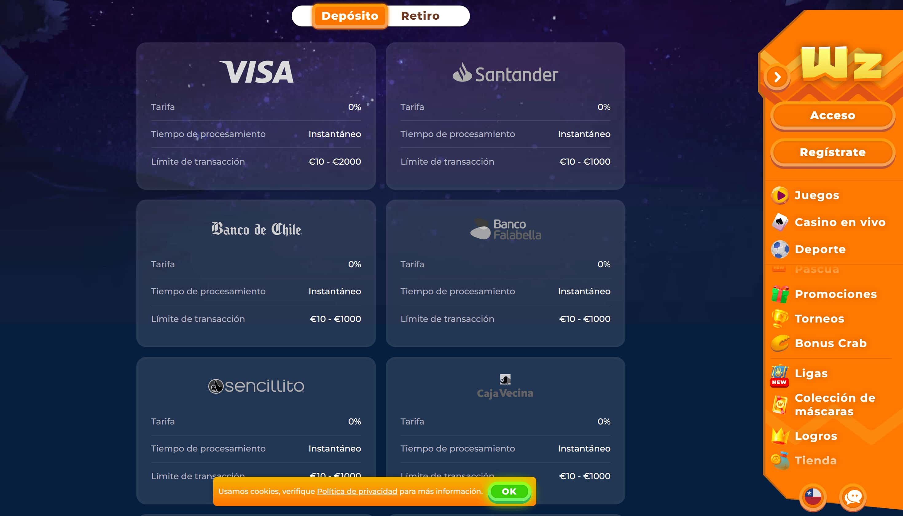 Wazamba Métodos de pago