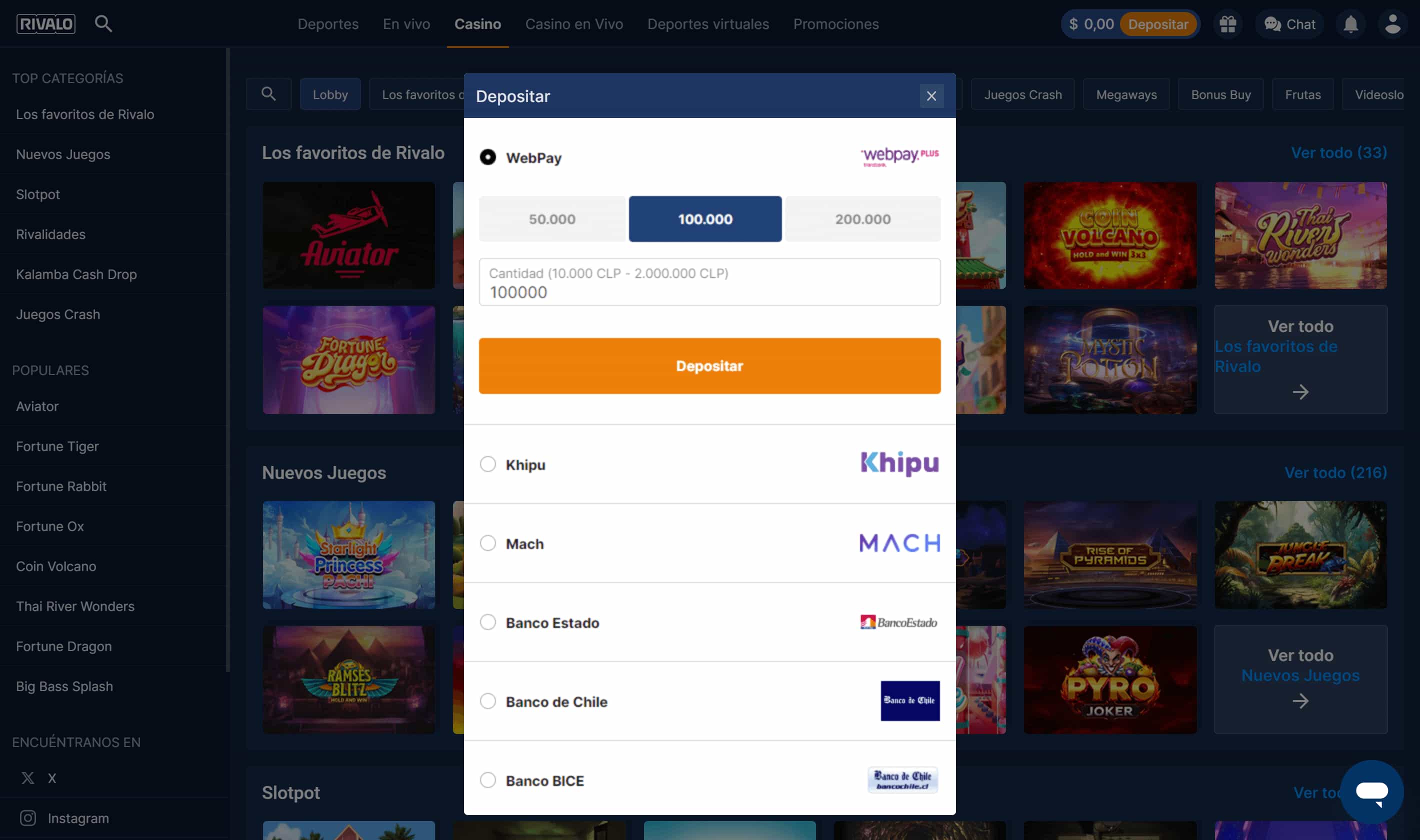 Rivalo Casino Métodos de pago