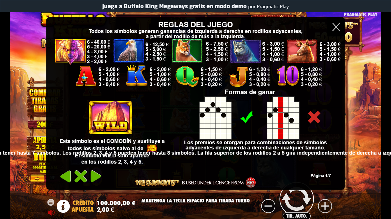 Buffalo King Megaways Tabla de Pago