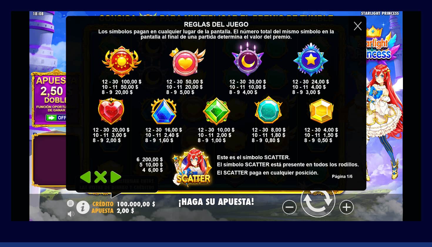 Starlight Princess Tabla de pagos
