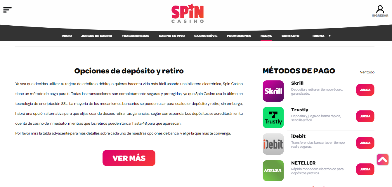 Métodos de pago Spin Casino