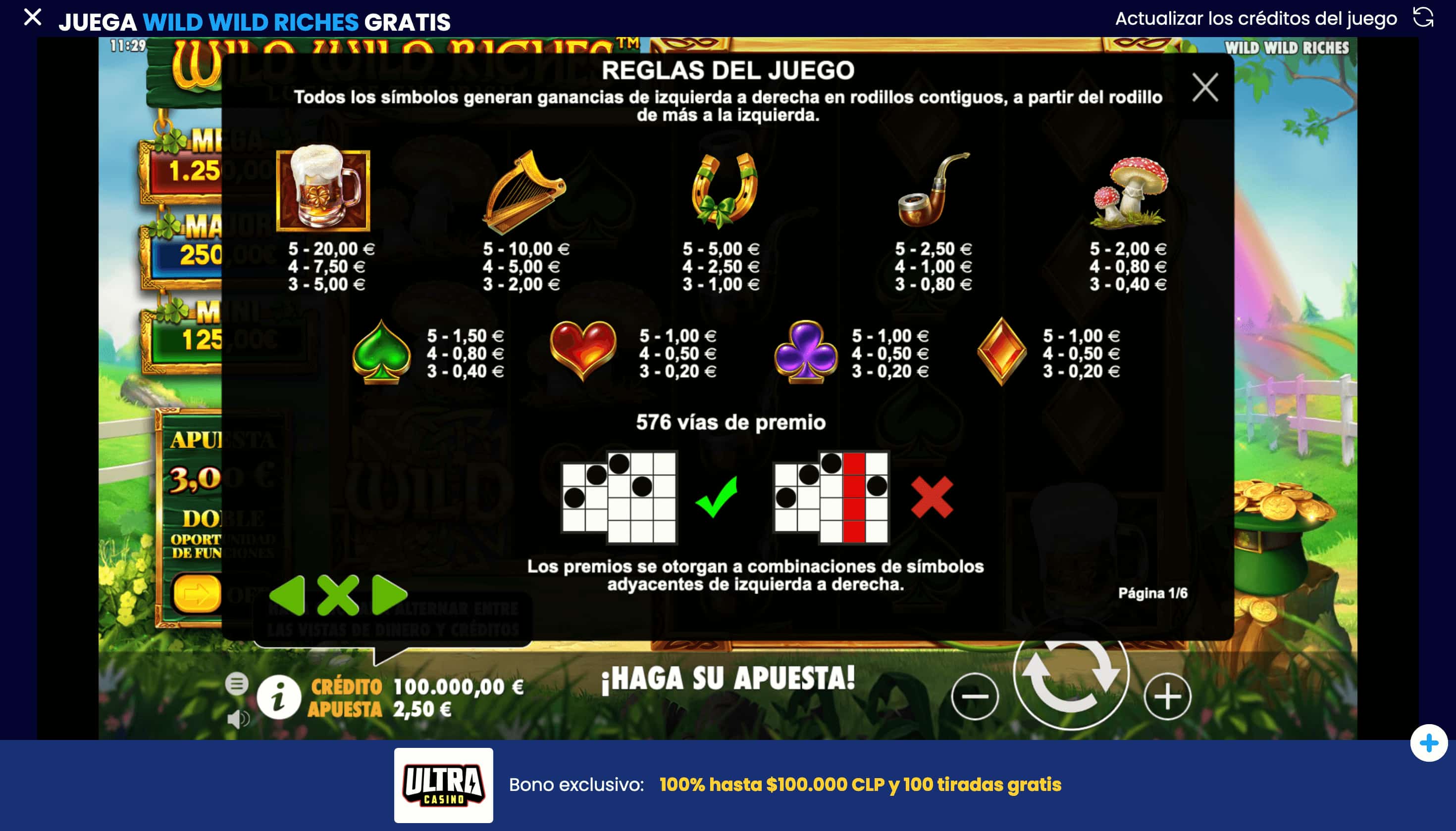 Wild Wild Riches - Tabla de pagos
