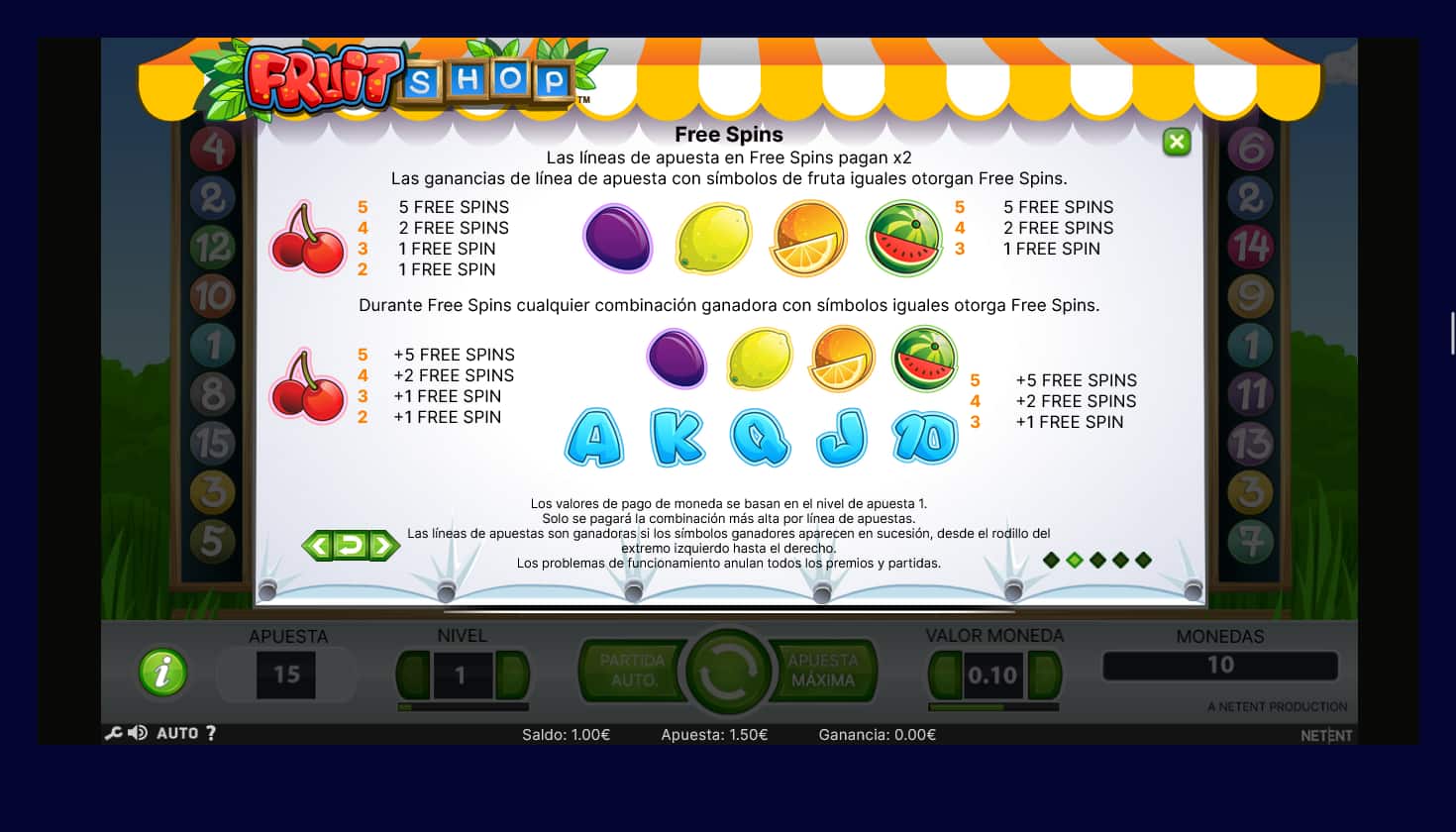Reseña Fruit Shop (Netent) - tabla de pagos