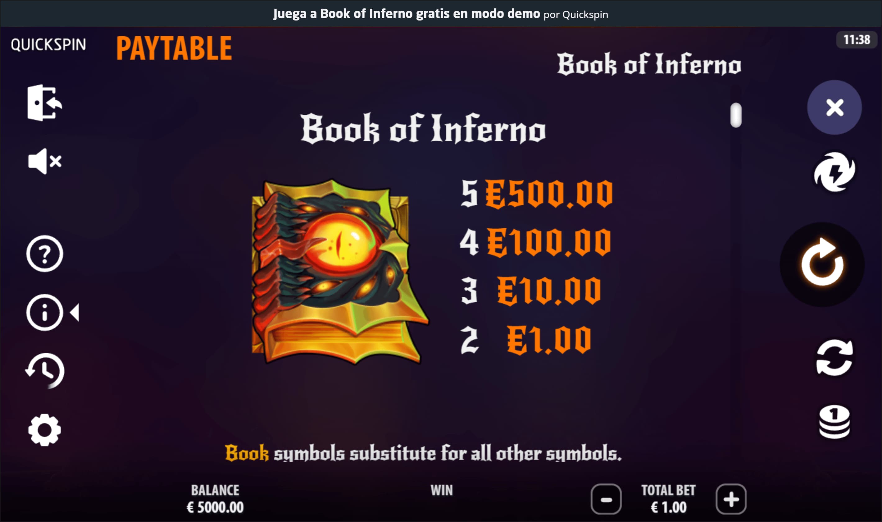 Book of Inferno Tabla de pagos