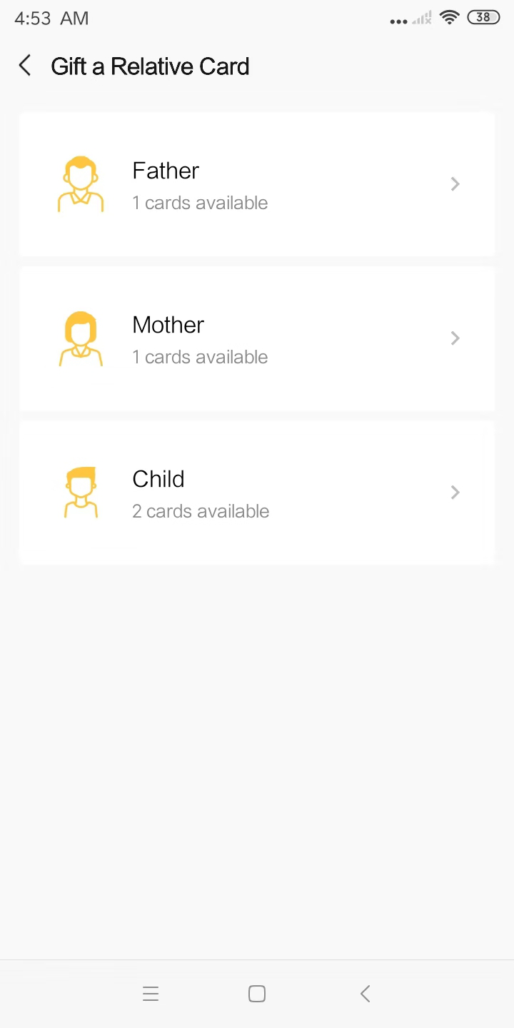 Choosing a Relative card on WeChat Wallet