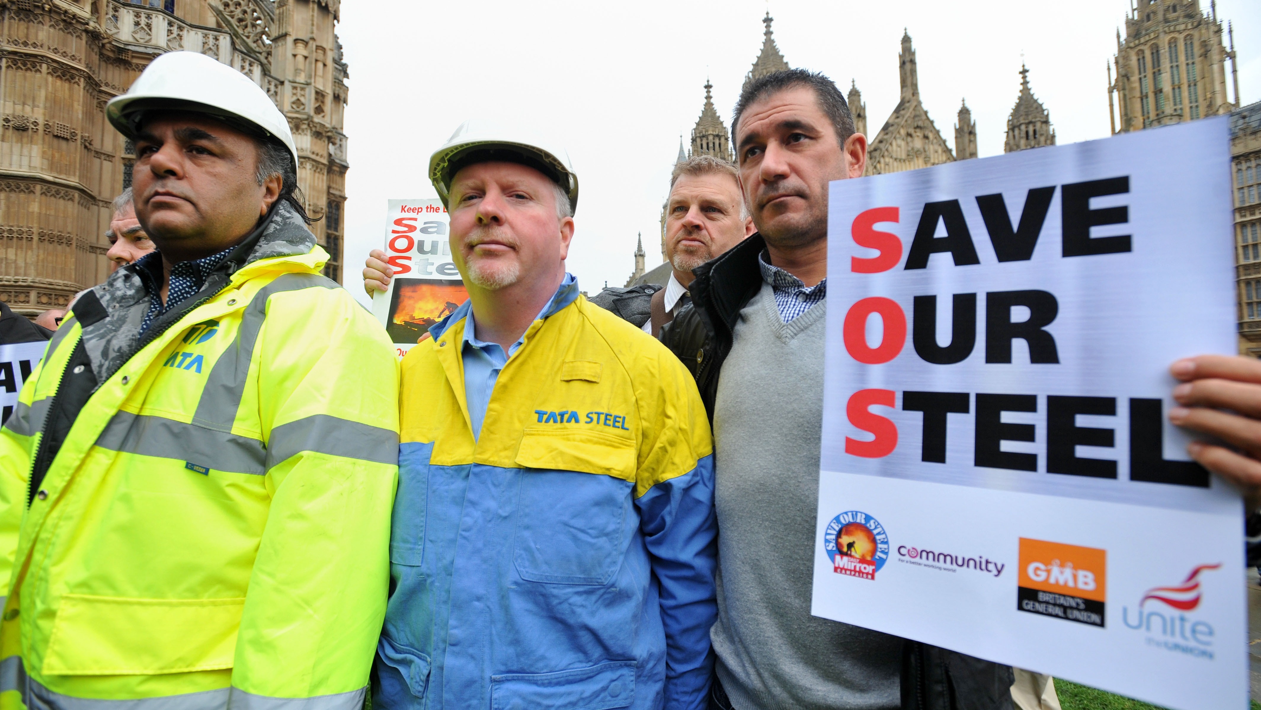 The Tata Steel logo is seen on a jacket as Tata Steel workers and