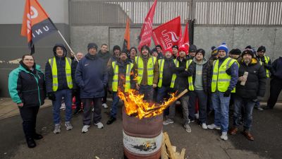 Members of Unite the Union and GMB on the picket line at Translink's Short Strand depot. 