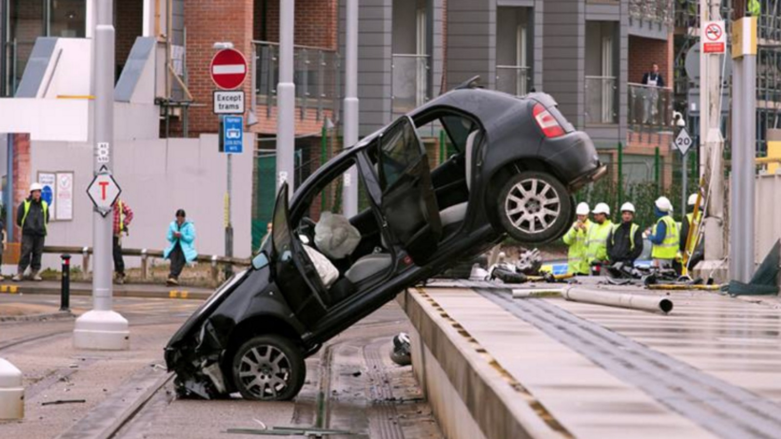 Car crashes into tram tracks after police pursuit | ITV News Granada